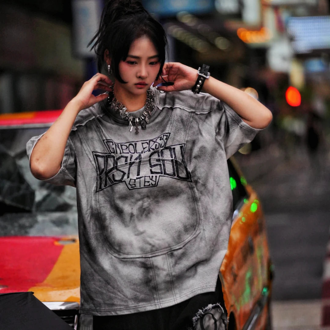 Sanhoostudio oversized short sleeve T-shirt featuring graphic print design and relaxed fit silhouette. Perfect for streetwear outfits with breathable fabric, lightweight feel, and daily casual styling.