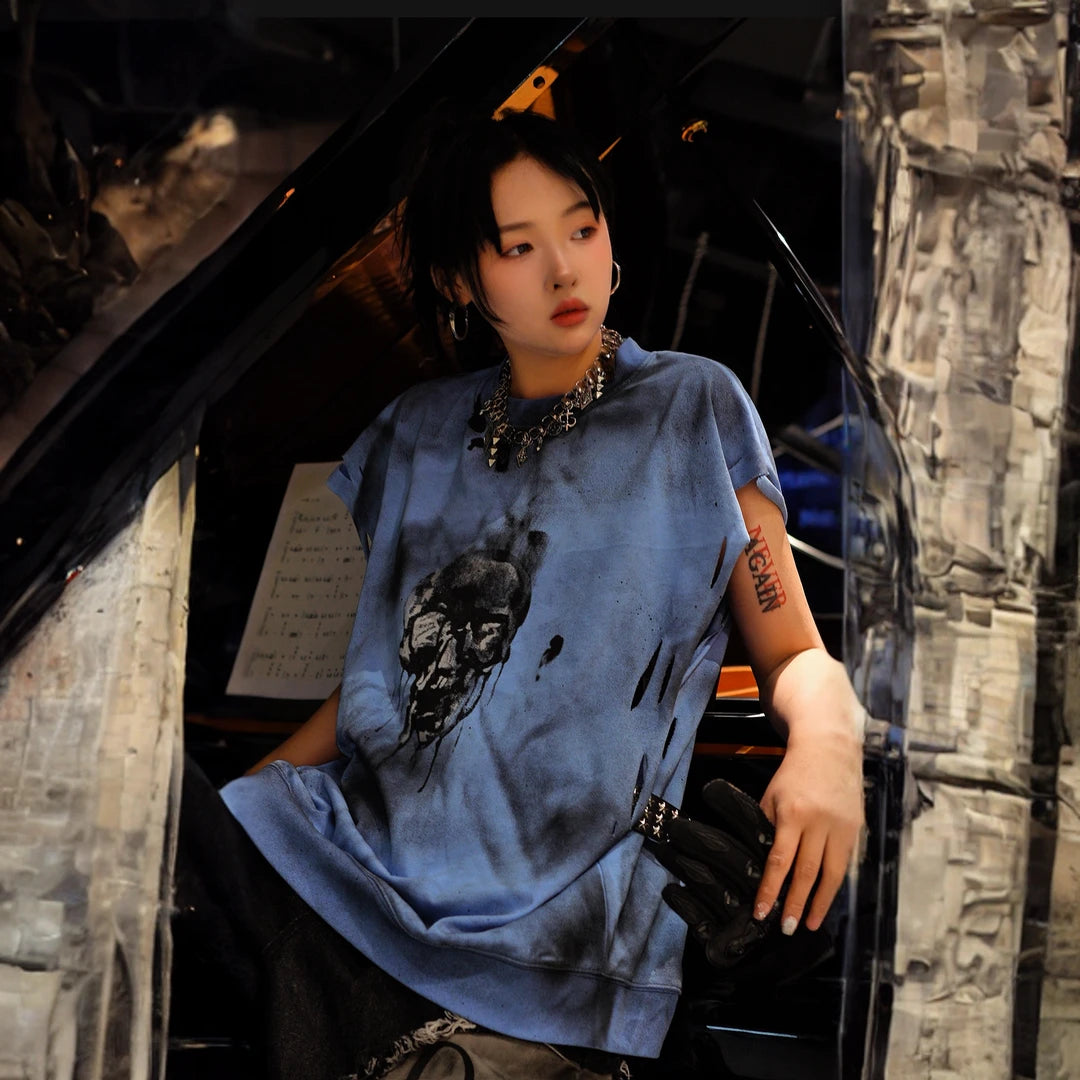 Sanhoostudio short sleeve T-shirt featuring colorblock patchwork design and graphic print. Built for streetwear styling with a relaxed fit and breathable comfort for everyday wear.