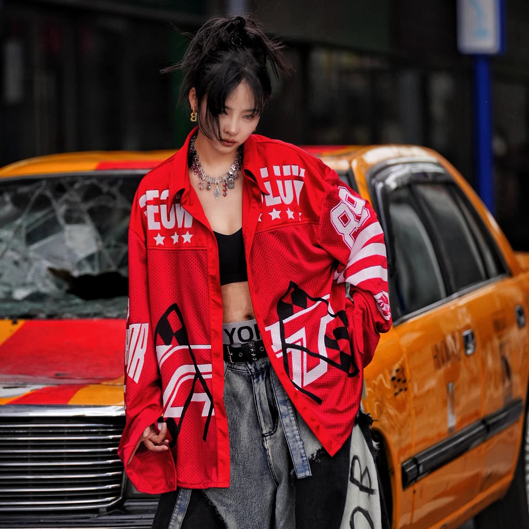 Sanhoostudio long sleeve T-shirt featuring graphic print design, lightweight breathable fabric, and relaxed oversized fit. Designed for summer streetwear styling with sun protection and comfortable daily wear.
