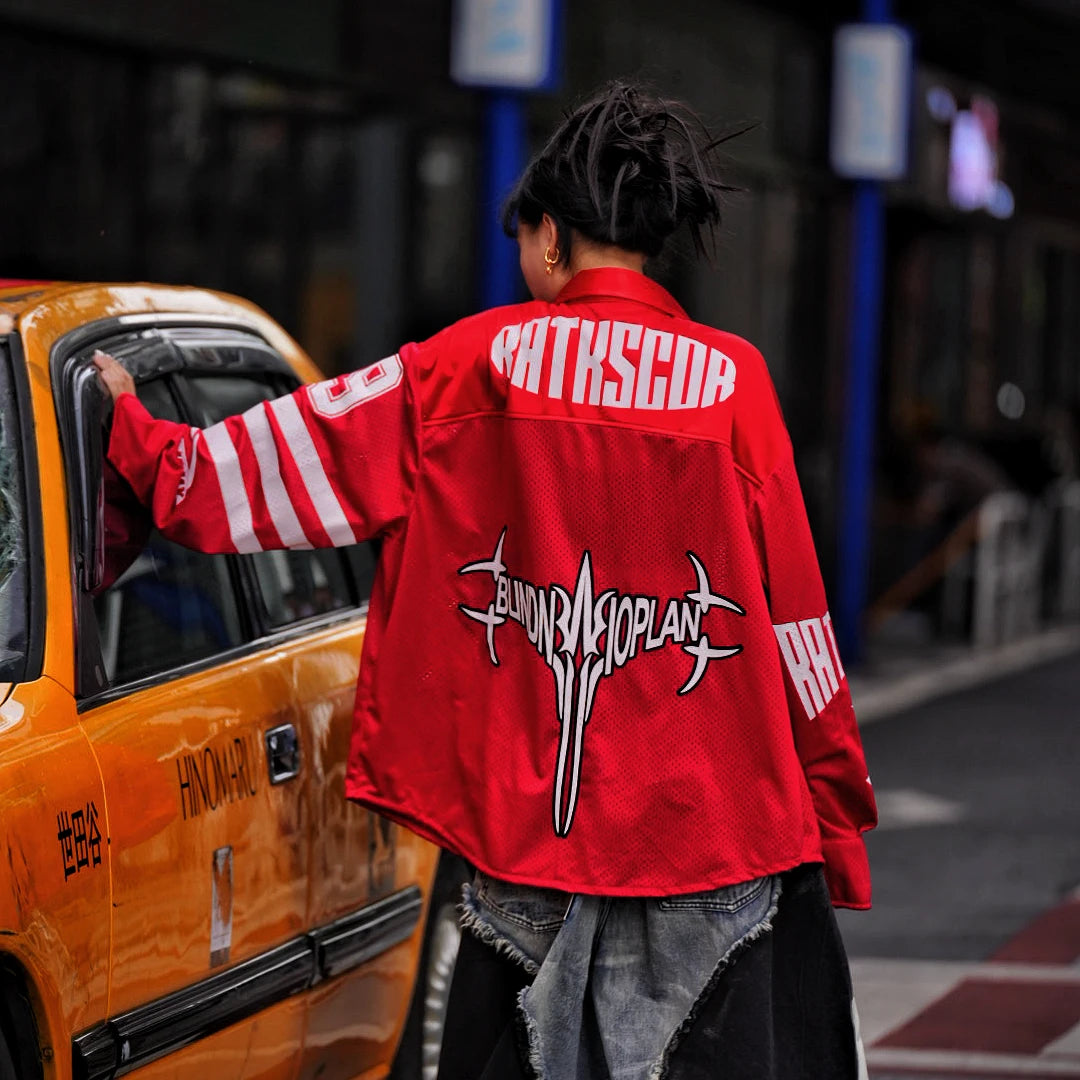 Sanhoostudio long sleeve T-shirt featuring graphic print design, lightweight breathable fabric, and relaxed oversized fit. Designed for summer streetwear styling with sun protection and comfortable daily wear.