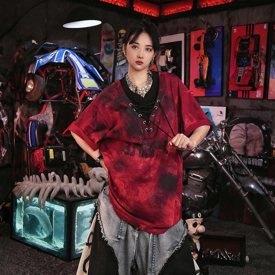 Sanhoostudio short sleeve T-shirt featuring hand painted artwork, patchwork detailing, and oversized fit silhouette. Designed for standout streetwear styling with breathable comfort and relaxed everyday wear.