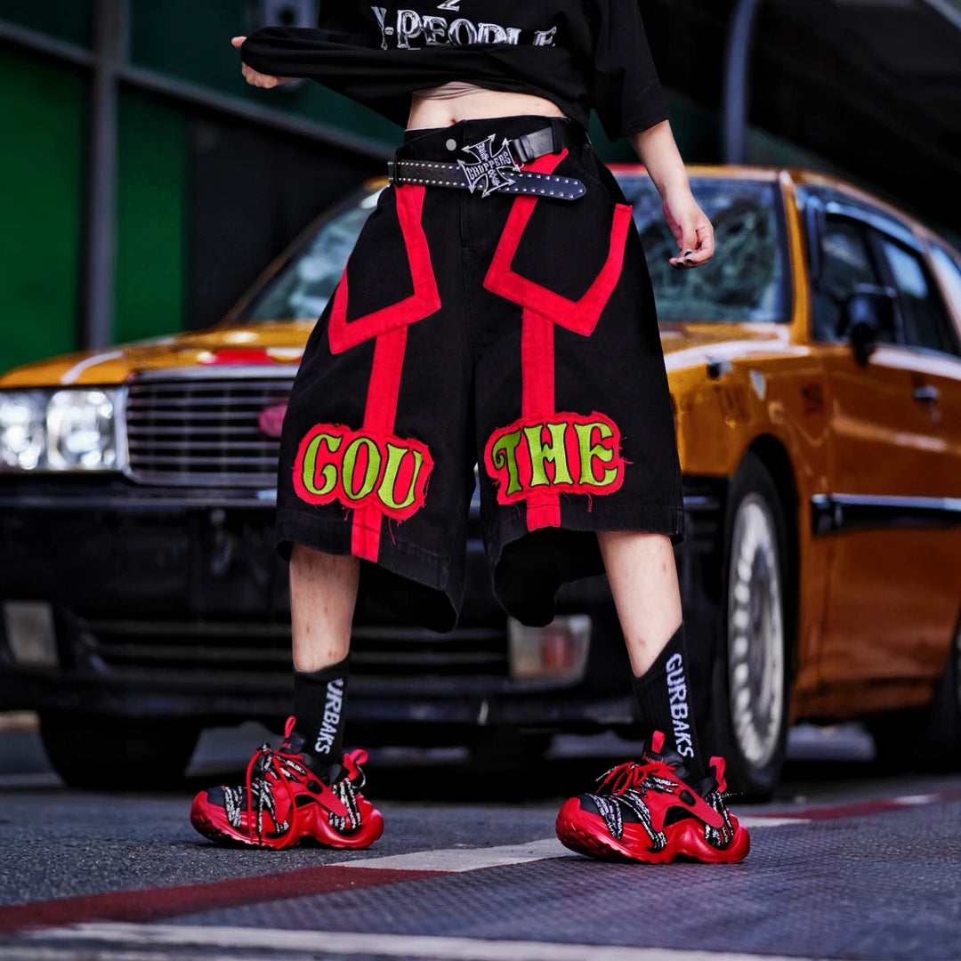 Sanhoostudio denim pants featuring distressed wash treatment, patchwork construction, and a wide leg scythe-cut silhouette. Built for modern streetwear outfits with relaxed comfort and premium everyday styling.