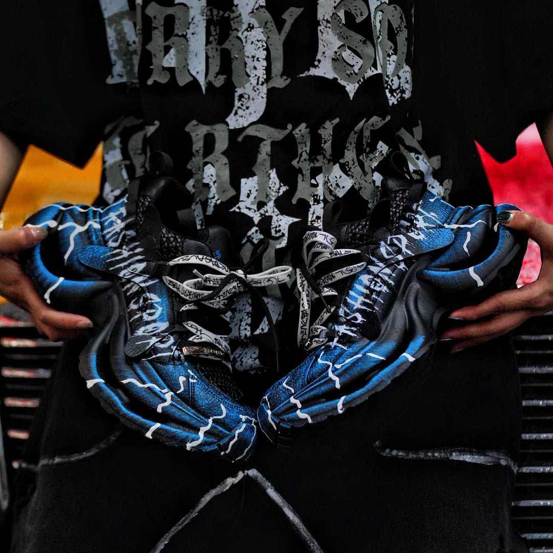 Sanhoostudio dad sneakers featuring an ice-crack inspired design, cushioned platform sole, and versatile streetwear styling. Built for comfortable daily wear with durable construction and a bold fashion-forward aesthetic.