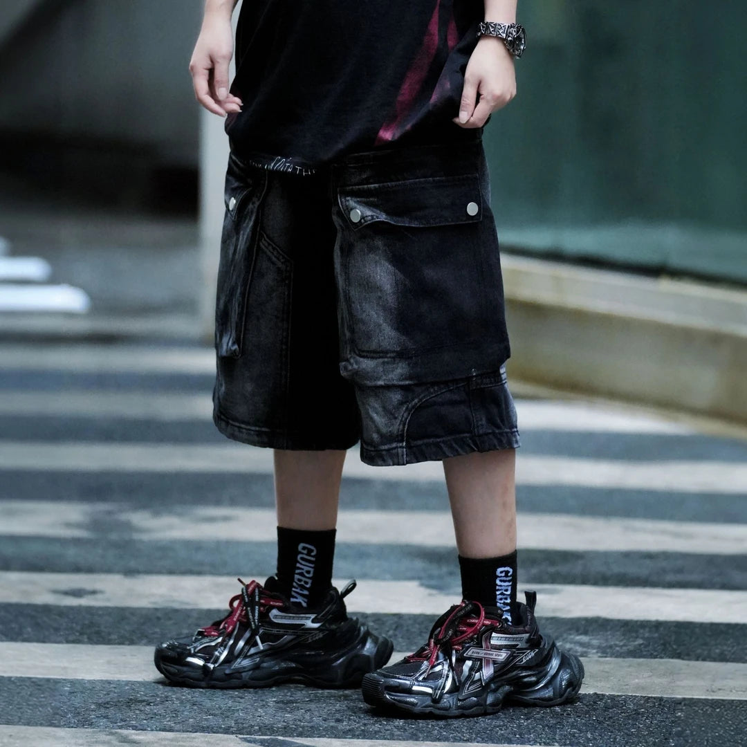 Sanhoostudio cargo shorts featuring washed fabric treatment, oversized pocket detailing, and a relaxed wide leg silhouette. Designed for summer streetwear styling with breathable comfort, lightweight wearability, and a bold urban aesthetic for everyday outfits.