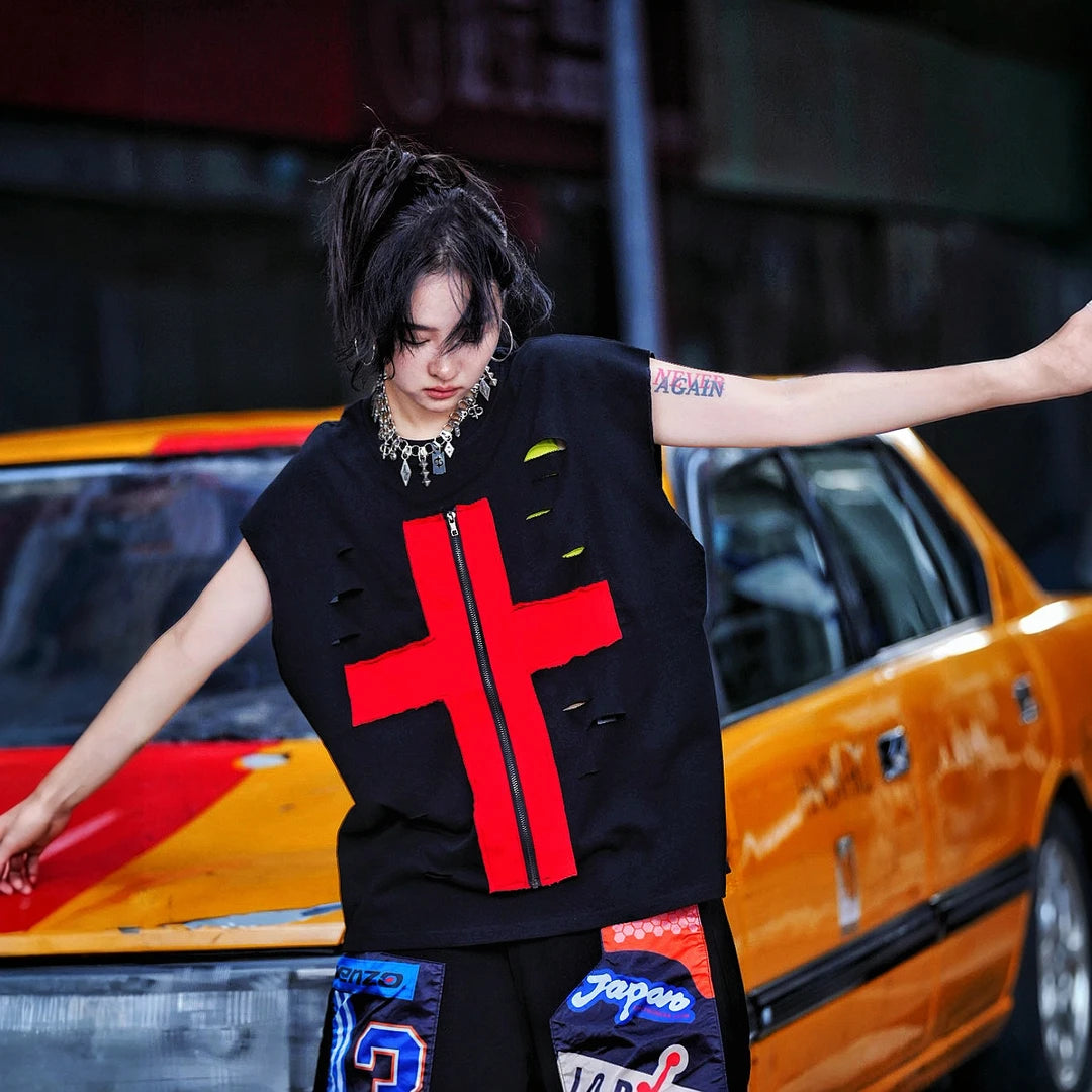 Sanhoostudio short sleeve T-shirt featuring cross-inspired graphics, zipper design elements, hand-painted artwork, and a relaxed oversized silhouette. Built for bold streetwear outfits with breathable comfort and premium graphic styling.