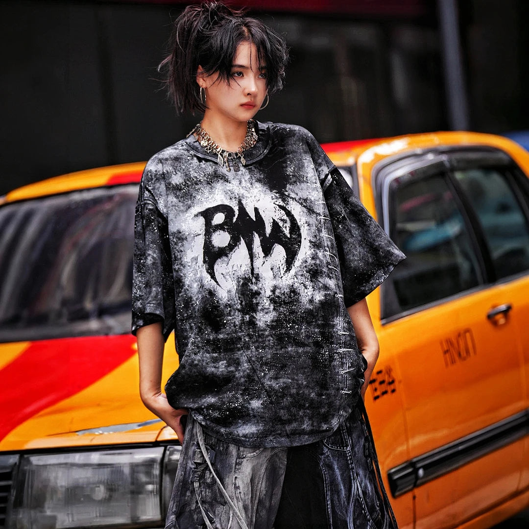 Sanhoostudio short sleeve T-shirt featuring stitch-inspired graphics, hand-painted detailing, and an oversized relaxed fit. Designed for modern streetwear styling with breathable fabric, lightweight comfort, and eye-catching graphic appeal.