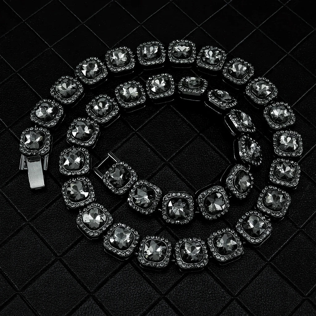 Sanhoostudio alloy necklace featuring crystal-inspired square pendant details and a sleek chain design. Crafted for effortless layering with streetwear outfits, offering lightweight comfort and a modern fashion-forward look for everyday styling.