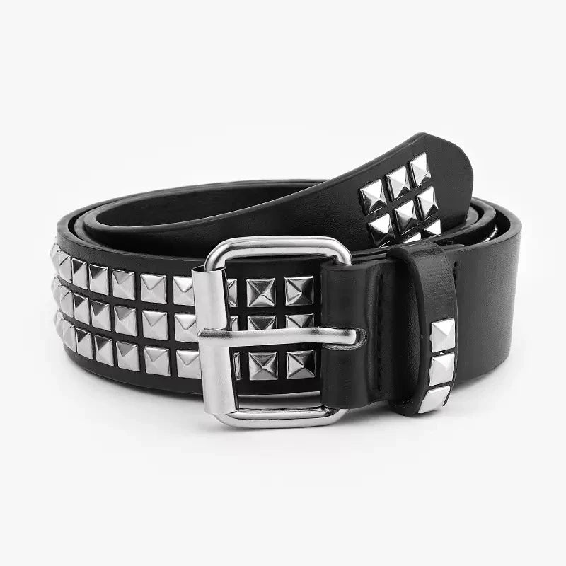 Sanhoostudio belt featuring pyramid stud detailing, premium faux leather construction, and a gothic-inspired design. Perfect for punk, streetwear, and alternative fashion styling with durable everyday wear.