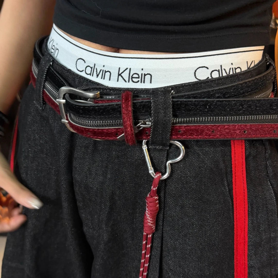 Sanhoostudio belt featuring hair-on leather texture, dual zipper detailing, and a premium vintage-inspired design. Crafted for standout streetwear styling with durable construction and bold fashion appeal.