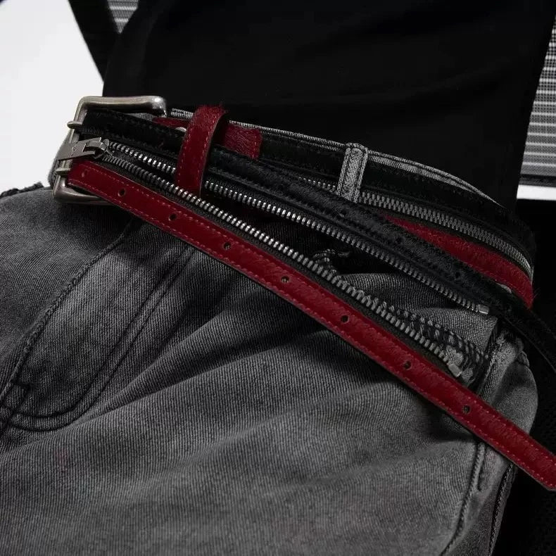 Sanhoostudio belt featuring hair-on leather texture, dual zipper detailing, and a premium vintage-inspired design. Crafted for standout streetwear styling with durable construction and bold fashion appeal.