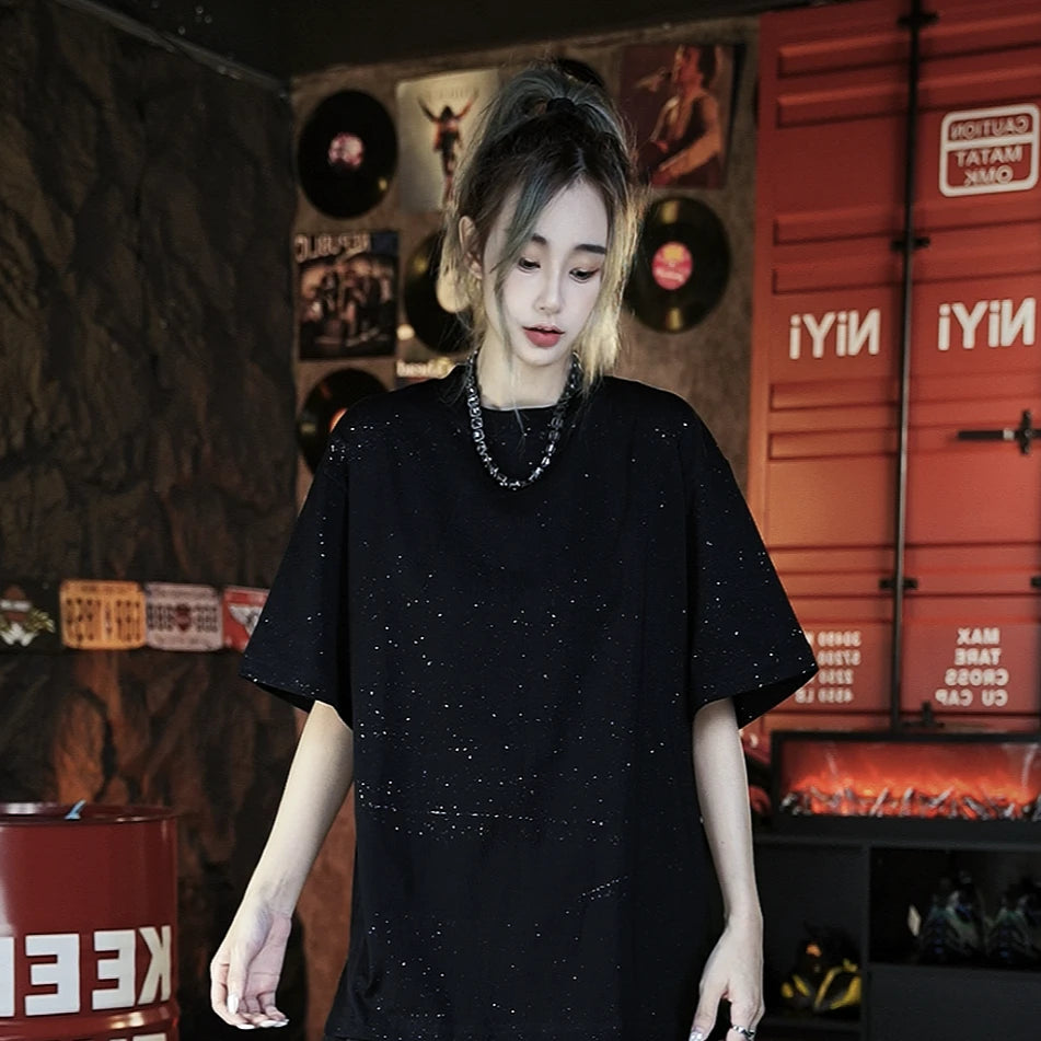 Sanhoostudio short sleeve T-shirt featuring an all-over star-inspired graphic design and a relaxed oversized silhouette. Designed for summer streetwear styling with comfortable everyday wear, bold visual appeal, and versatile pairing with denim or cargo pants.