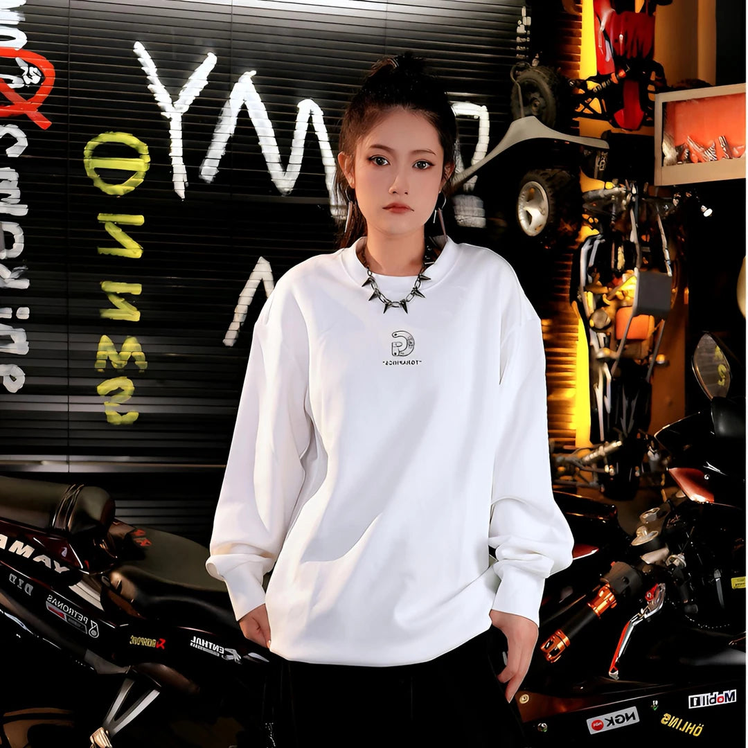 Sanhoostudio long sleeve sweatshirt featuring a relaxed unisex silhouette and vintage American-inspired streetwear aesthetic. Designed for comfortable fall and winter layering with versatile everyday styling and an effortless oversized look.