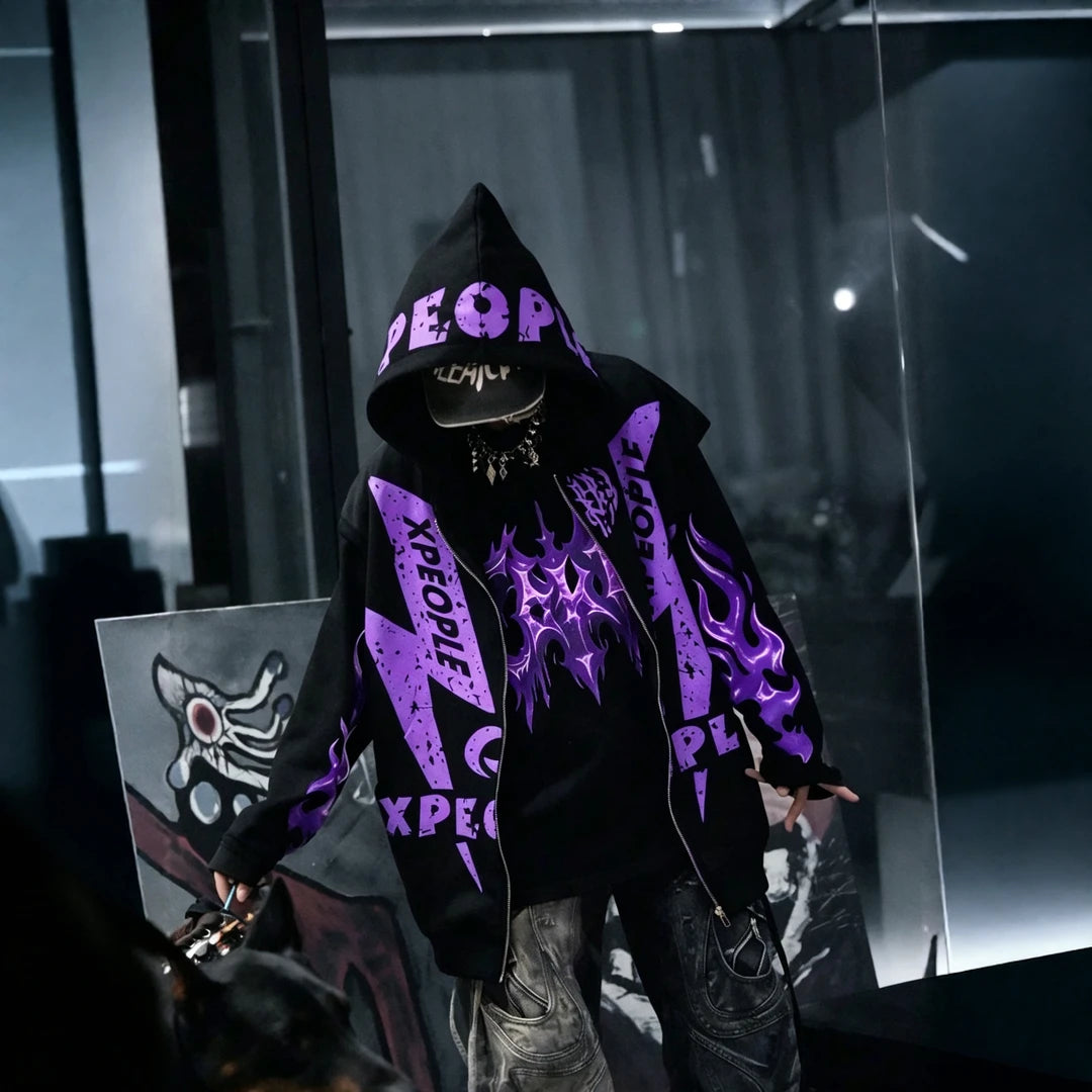 Sanhoostudio vest featuring purple graphic detailing, an open-front design, and a relaxed oversized silhouette. Designed for bold streetwear layering with comfortable movement, versatile styling, and a distinctive urban aesthetic inspired by contemporary hip-hop fashion.