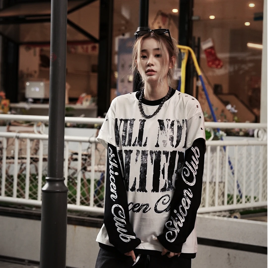 Sanhoostudio long sleeve T-shirt featuring graffiti letter graphics, a layered two-piece effect, and a relaxed oversized silhouette. Designed for American-inspired streetwear styling with comfortable fall wear, bold graphic character, and effortless everyday versatility.