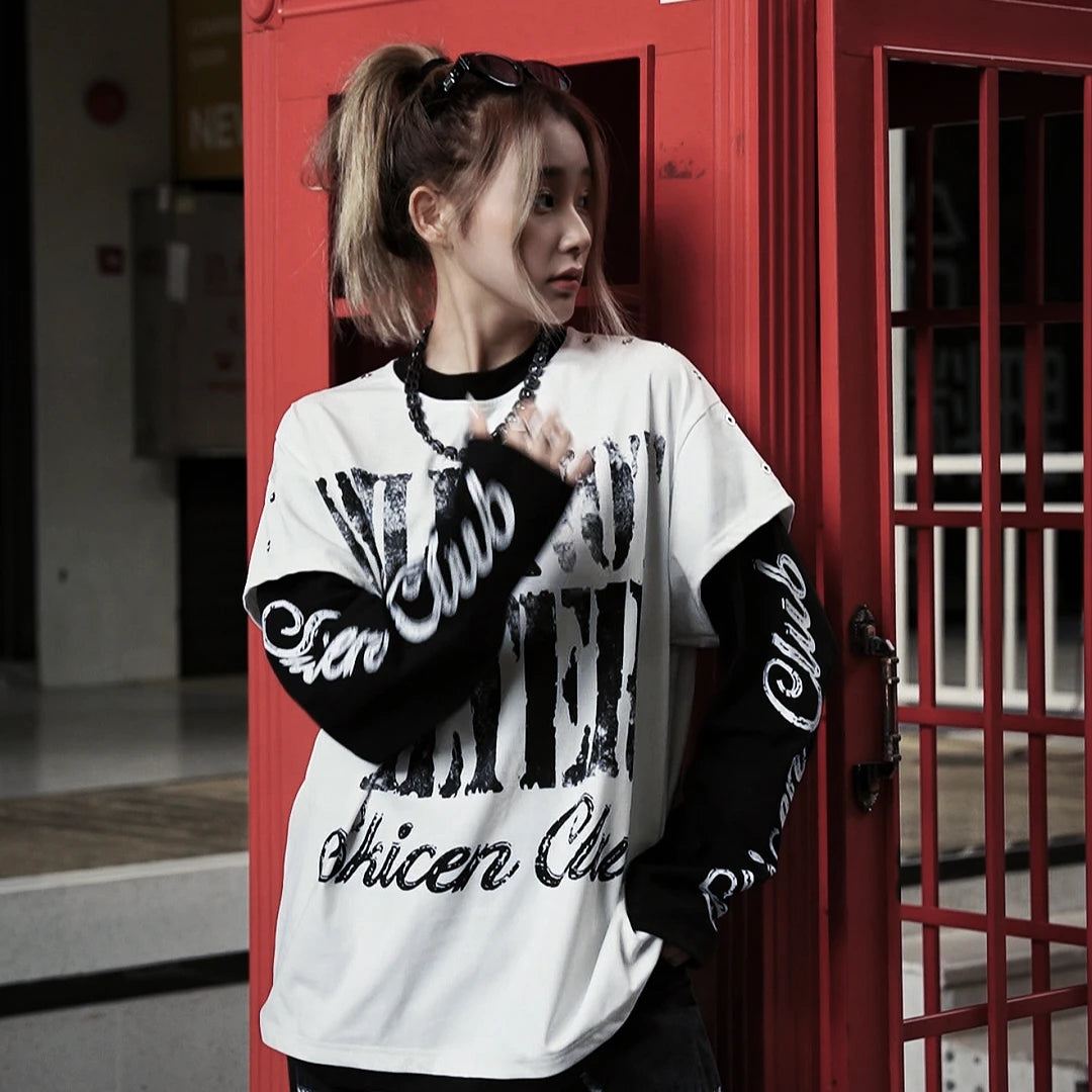 Sanhoostudio long sleeve T-shirt featuring graffiti letter graphics, a layered two-piece effect, and a relaxed oversized silhouette. Designed for American-inspired streetwear styling with comfortable fall wear, bold graphic character, and effortless everyday versatility.