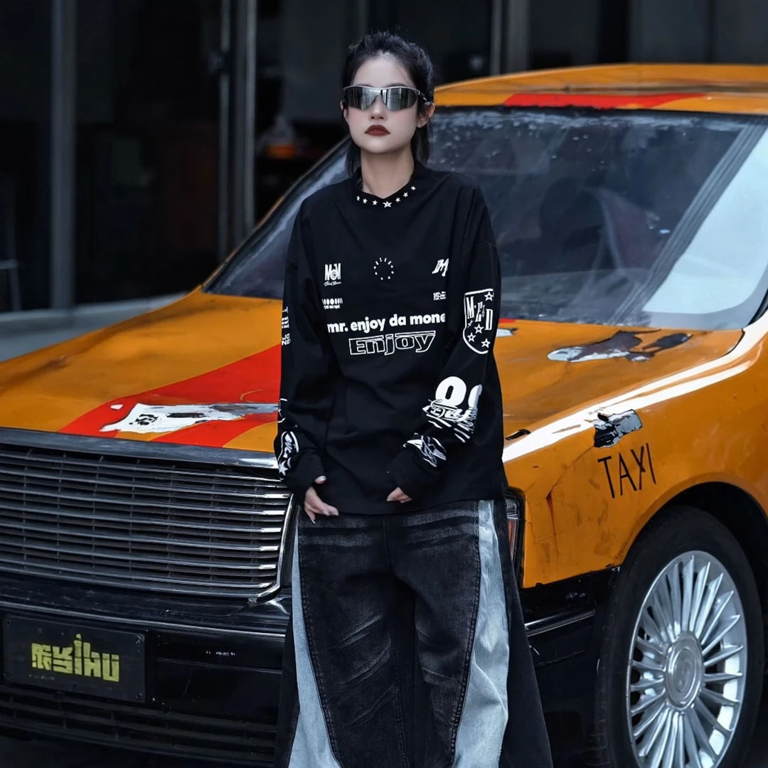 Sanhoostudio long sleeve T-shirt featuring vintage-inspired graphic artwork and a relaxed oversized silhouette. Designed for dark streetwear styling and versatile layering with comfortable everyday wear, distinctive visual character, and an effortless high-street aesthetic.