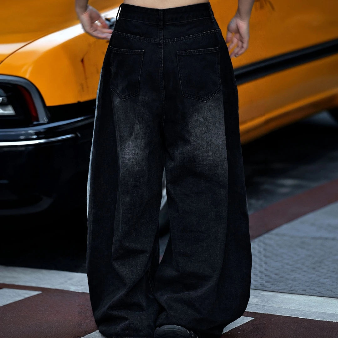 Sanhoostudio denim pants featuring heavy washed treatment, contrast patchwork construction, and a relaxed wide leg floor-length silhouette. Designed for vintage-inspired streetwear styling with rugged denim texture, oversized proportions, comfortable movement, and bold urban character.
