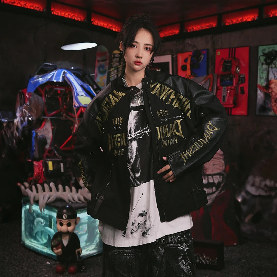 Sanhoostudio racing jacket featuring denim and leather panel construction, embroidered detailing, and a relaxed oversized silhouette. Designed with vintage motorsport influence for bold streetwear layering, distinctive material contrast, comfortable movement, and standout urban styling.