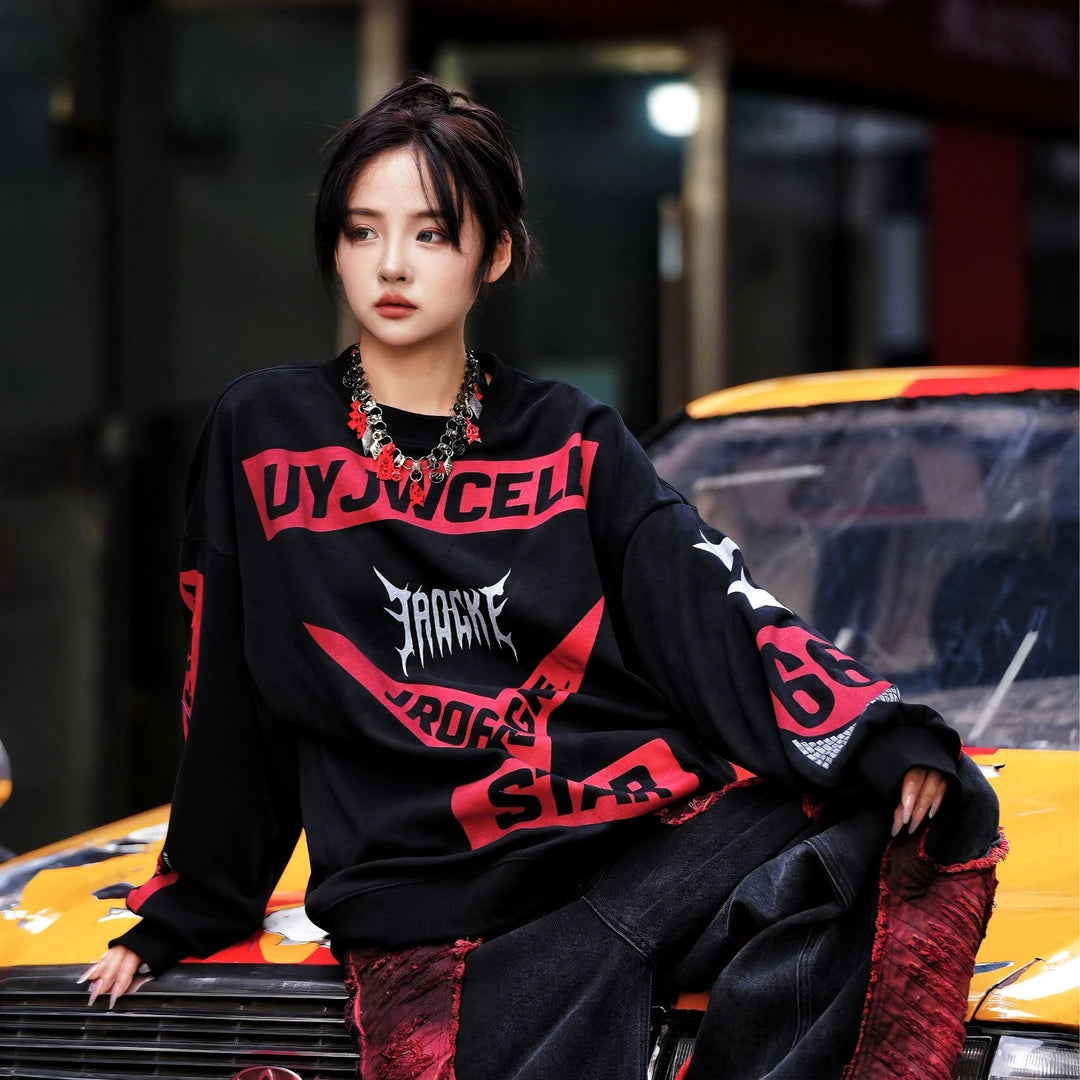 Sanhoostudio crewneck sweatshirt featuring statement digital print graphics, layered design elements, and a relaxed oversized silhouette. Designed for effortless streetwear styling with comfortable everyday wear, distinctive visual depth, versatile layering, and bold contemporary urban appeal.