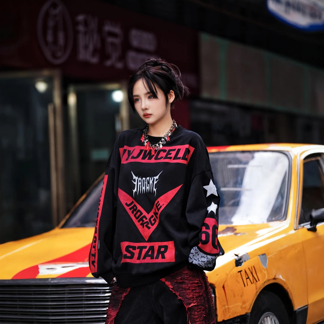 Sanhoostudio crewneck sweatshirt featuring statement digital print graphics, layered design elements, and a relaxed oversized silhouette. Designed for effortless streetwear styling with comfortable everyday wear, distinctive visual depth, versatile layering, and bold contemporary urban appeal.