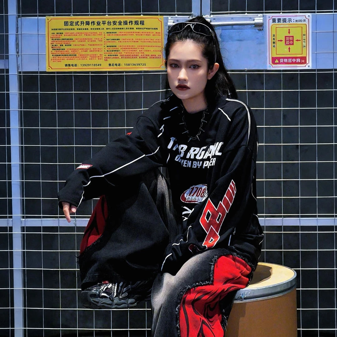 Sanhoostudio long sleeve T-shirt featuring vintage-inspired contrast colorblock detailing and a relaxed oversized silhouette. Designed for fall and winter streetwear styling with comfortable everyday wear, effortless layering, and a bold American-inspired urban aesthetic.