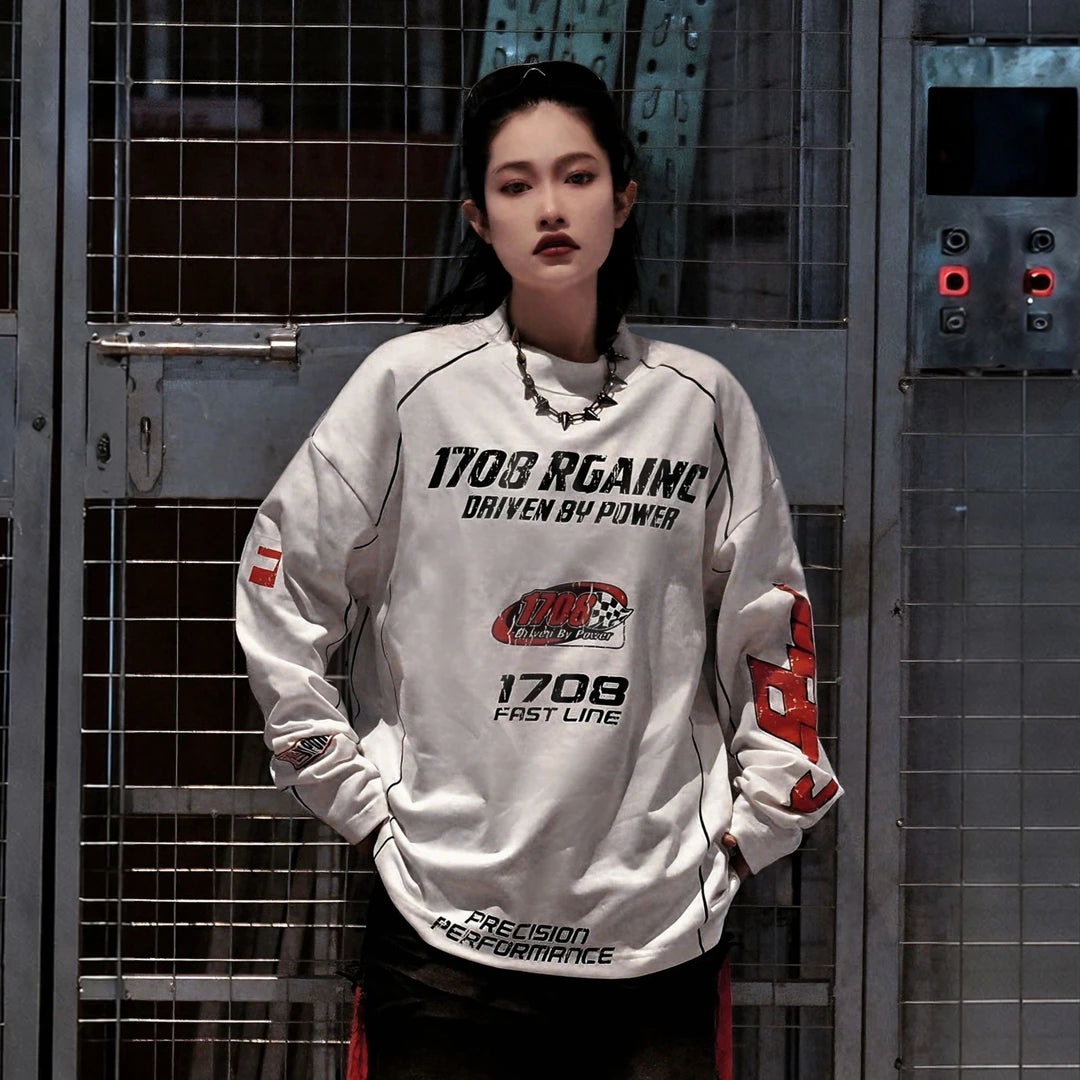 Sanhoostudio long sleeve T-shirt featuring vintage-inspired contrast colorblock detailing and a relaxed oversized silhouette. Designed for fall and winter streetwear styling with comfortable everyday wear, effortless layering, and a bold American-inspired urban aesthetic.