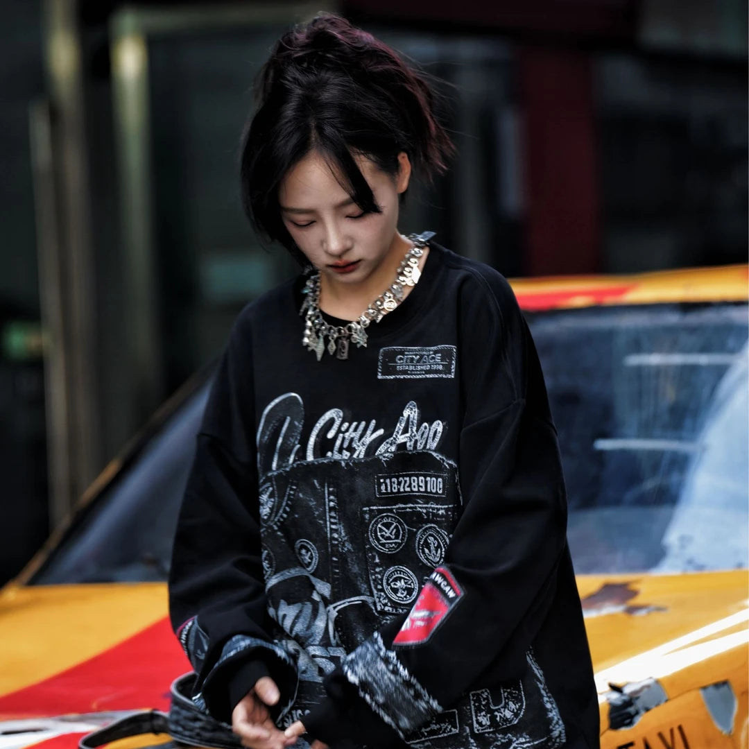 Sanhoostudio sweatshirt featuring laser-scan inspired graphic detailing and a relaxed oversized silhouette. Designed for bold streetwear styling with distinctive digital visual texture, comfortable everyday wear, loose proportions, and a contemporary high-street aesthetic.