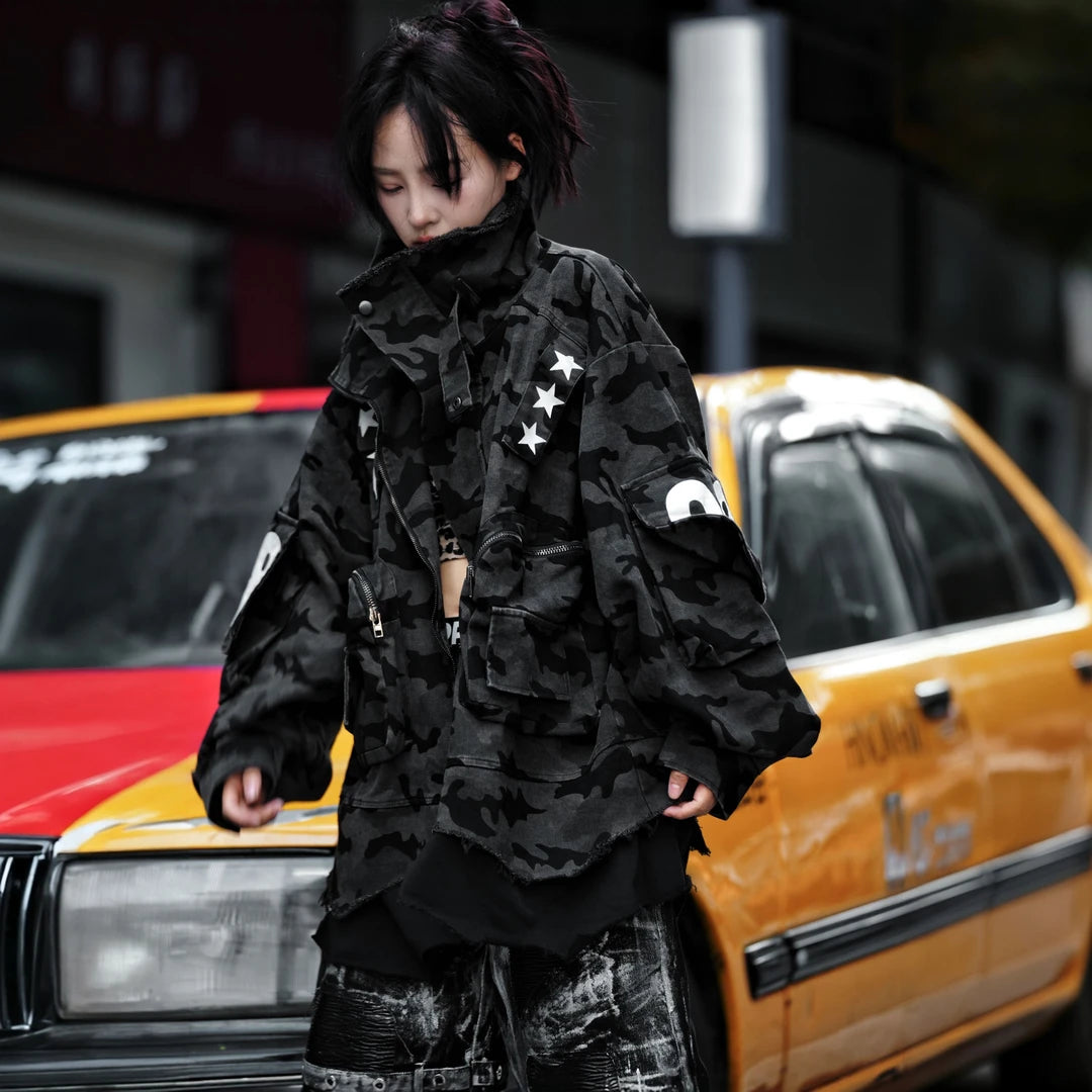 Sanhoostudio denim jacket featuring digital print artwork, distressed detailing, patchwork construction, and a relaxed oversized silhouette. Designed for statement streetwear layering with bold graphic texture, rugged denim character, comfortable wear, and versatile contemporary urban styling.