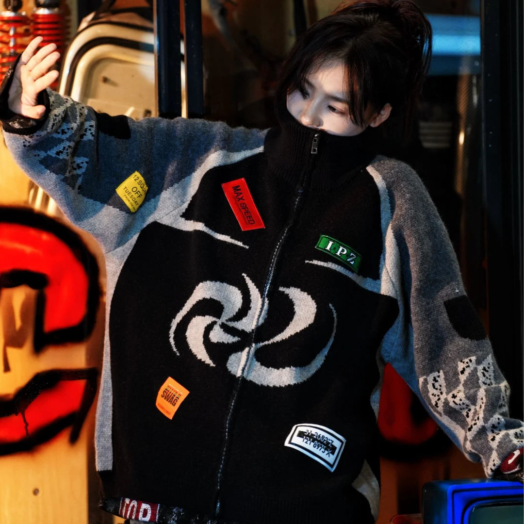 Sanhoostudio knit sweater featuring heavyweight knitted construction, hand-painted graphic detailing, asymmetric patchwork elements, and a relaxed oversized silhouette. Designed for statement streetwear styling with distinctive artistic textures, comfortable warmth, deconstructed aesthetics, and versatile layering.