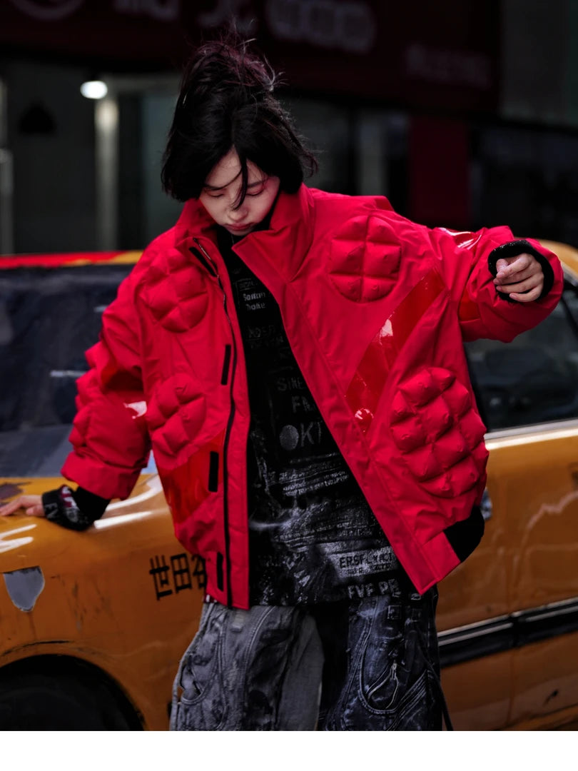 Sanhoostudio cropped down jacket featuring 90% down filling, handcrafted distressed detailing, stain-effect washed textures, and a structured stand collar. Designed for winter streetwear styling with lightweight insulation, comfortable warmth, relaxed proportions, and a bold contemporary silhouette.