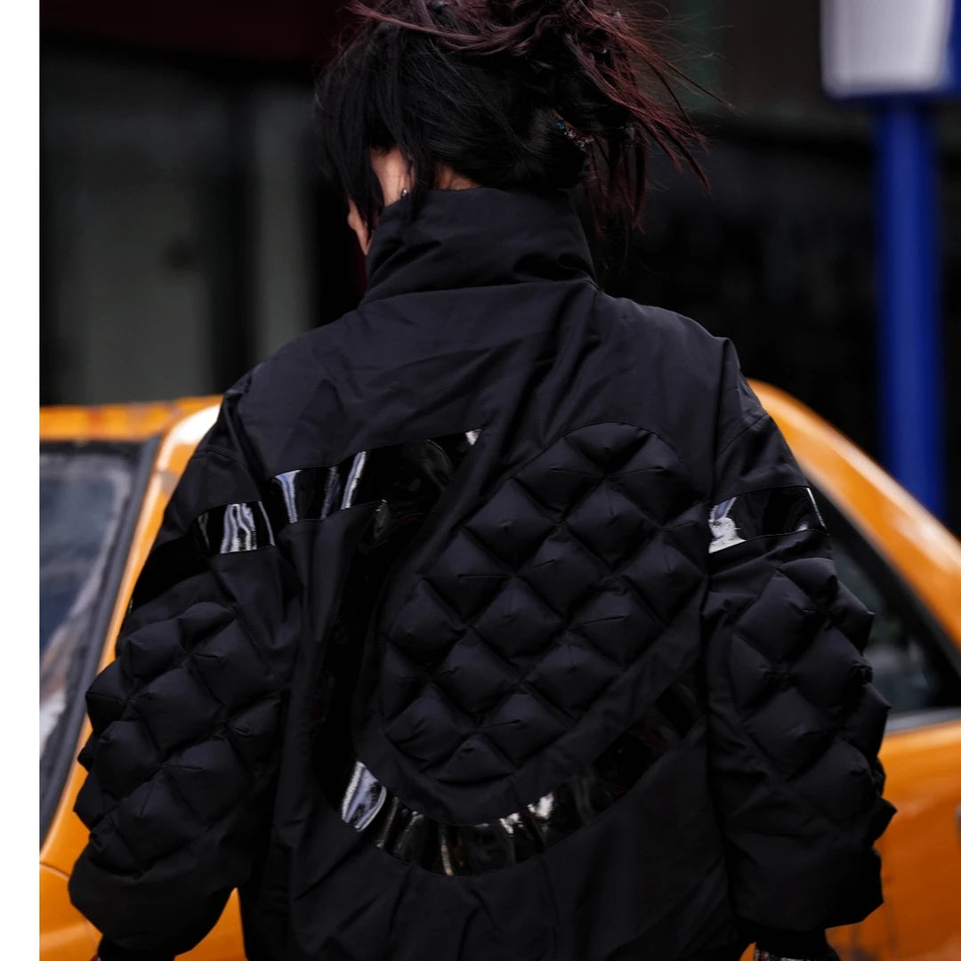 Sanhoostudio cropped down jacket featuring 90% down filling, handcrafted distressed detailing, stain-effect washed textures, and a structured stand collar. Designed for winter streetwear styling with lightweight insulation, comfortable warmth, relaxed proportions, and a bold contemporary silhouette.