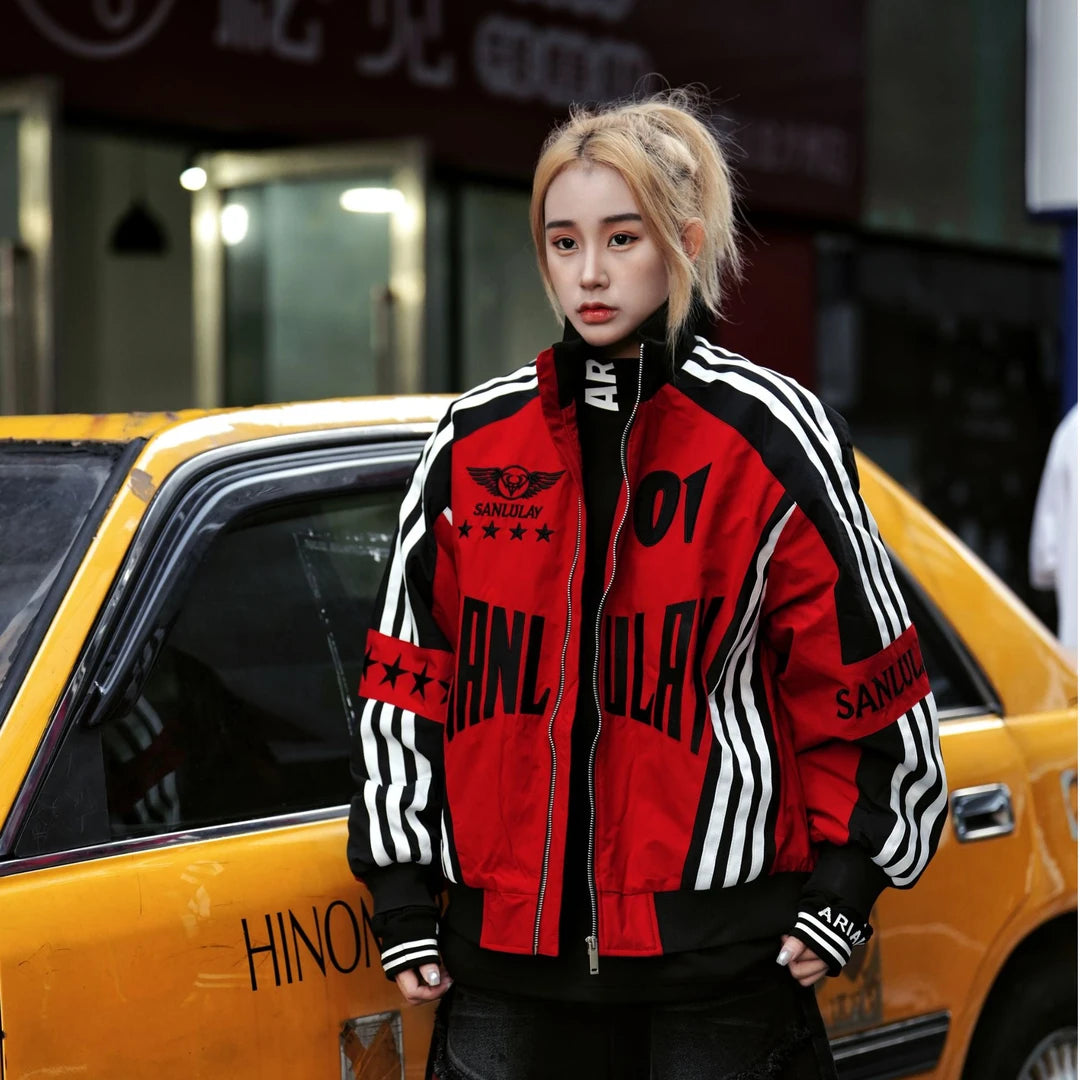 Sanhoostudio padded jacket featuring bold colorblock panels, patchwork construction, and a relaxed oversized silhouette. Designed for fall and winter streetwear styling with comfortable insulation, distinctive contrasting colors, versatile layering, and a modern unisex aesthetic.