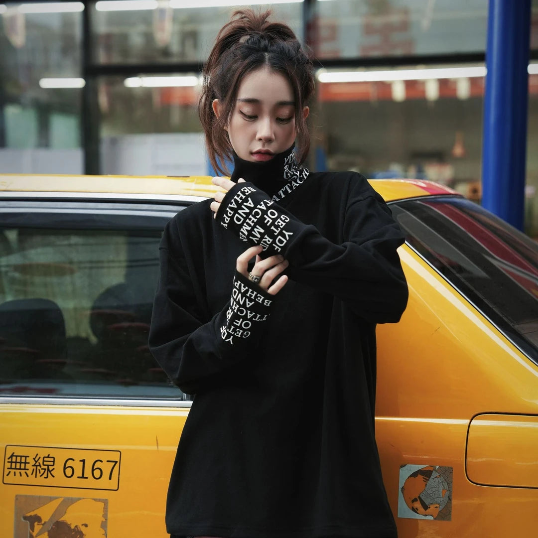 Sanhoostudio thermal long sleeve T-shirt featuring a protective high neckline, soft fleece fabric, and a relaxed oversized silhouette. Designed for comfortable fall and winter layering with gentle warmth, flexible everyday wear, versatile styling, and modern unisex streetwear appeal.