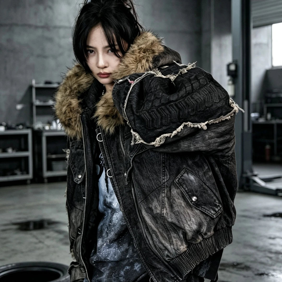 Sanhoostudio padded denim jacket featuring distinctive tire-inspired 3D embossed sleeves, heavyweight washed denim, distressed detailing, and asymmetric patchwork construction. Designed for winter streetwear styling with comfortable insulation, oversized proportions, bold dimensional textures, and distinctive deconstru