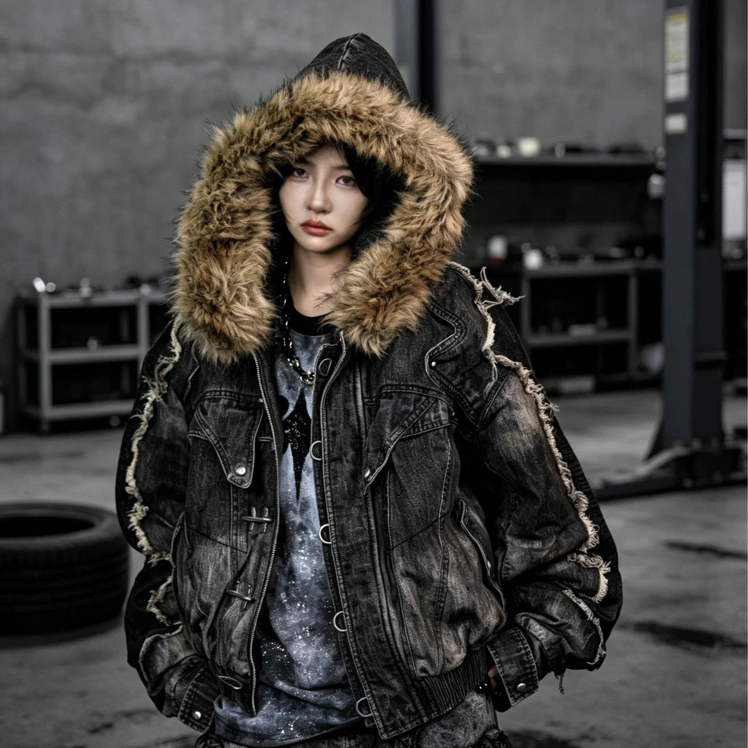 Sanhoostudio padded denim jacket featuring distinctive tire-inspired 3D embossed sleeves, heavyweight washed denim, distressed detailing, and asymmetric patchwork construction. Designed for winter streetwear styling with comfortable insulation, oversized proportions, bold dimensional textures, and distinctive deconstru
