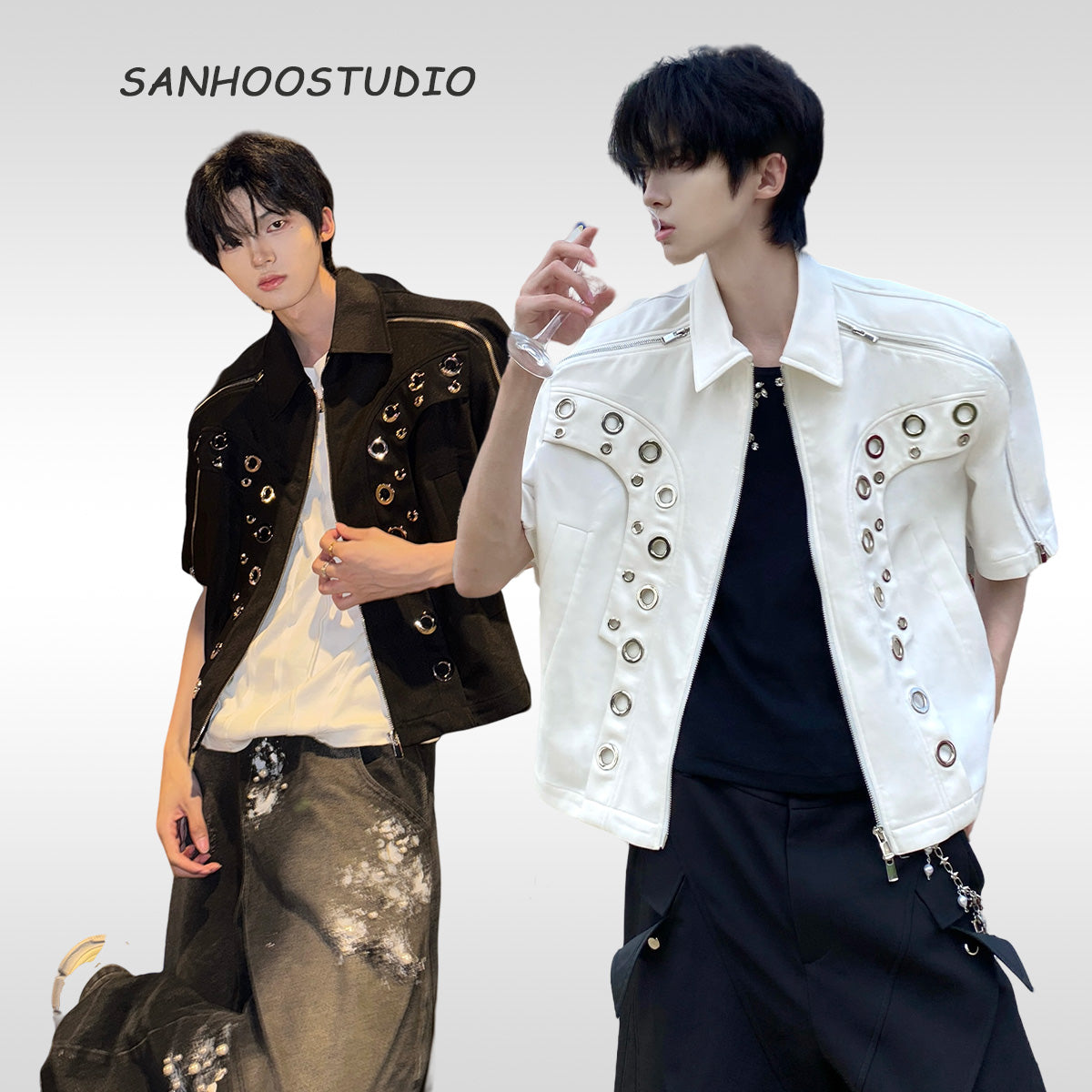 This avant-garde cropped jacket by Sanhoostudio showcases futuristic hollow-metal inspired cutouts with bold shoulder pads. Its oversized silhouette, lightweight material, and modern edge make it a standout layering piece for streetwear fans who embrace unique design and cutting-edge style.