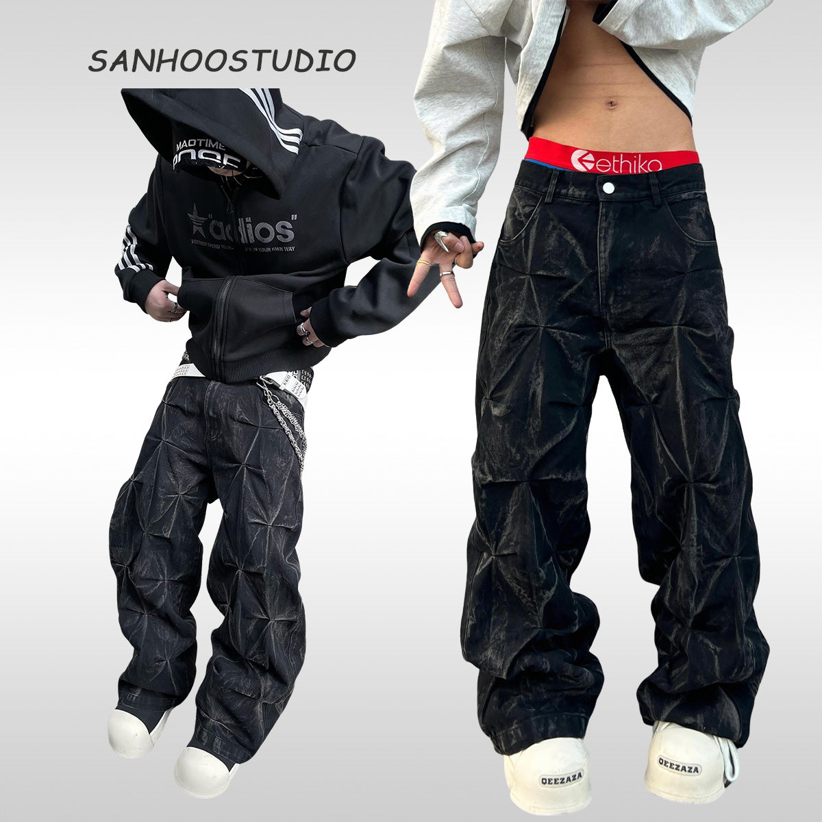 Vintage Heavy Pleated Washed Jeans