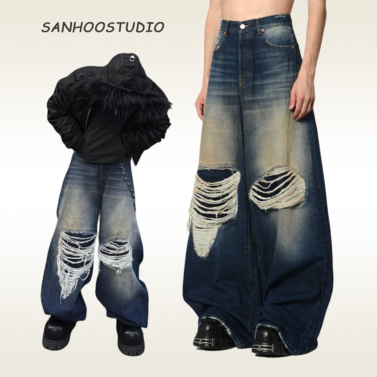 【25s Aug.】Vintage Heavy Ripped Bleached Denim Jeans