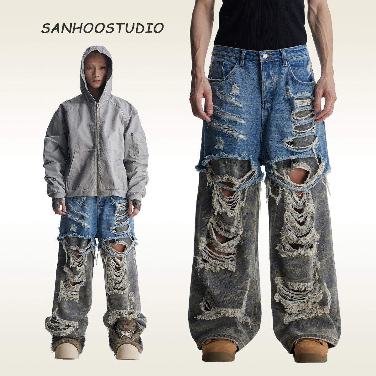 These deconstructed patchwork camo jeans from Sanhoostudio feature a unique layered fake two-piece effect, distressed ripped accents, and a loose straight-leg silhouette. Combining vintage inspiration with edgy high street aesthetics, they are perfect for streetwear lovers seeking comfort, individuality.