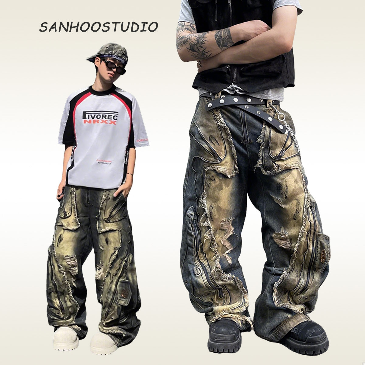 Spliced Distressed Raw Edge Clean-fit Straight Jeans