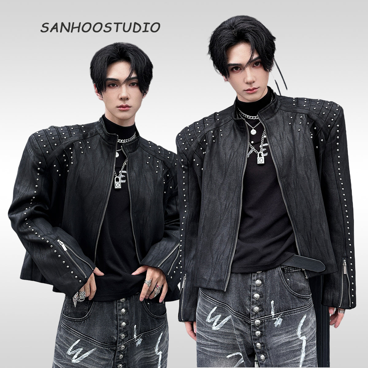 This Sanhoostudio leather jacket highlights a structured silhouette with padded shoulders, blending retro tailoring and modern edge. Perfect for autumn layering, it adds bold personality to streetwear outfits.
