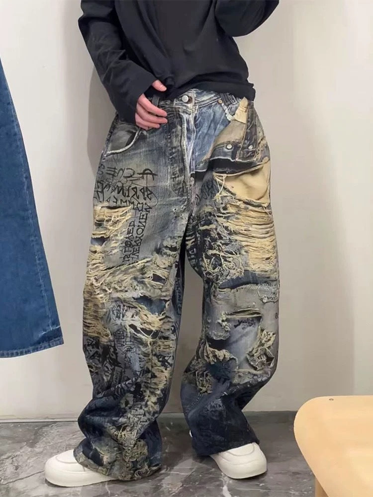 Ripped 3D digital printed jeans