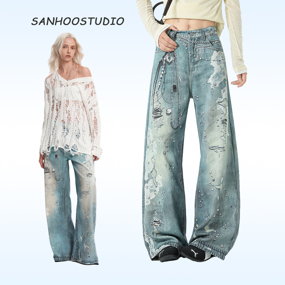 Sanhoostudio’s 3D lace-printed ripped denim pants deliver avant-garde style with distressed cuts and intricate lace prints. Designed for streetwear enthusiasts seeking standout fashion pieces.