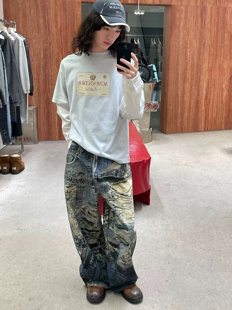 Ripped 3D digital printed jeans