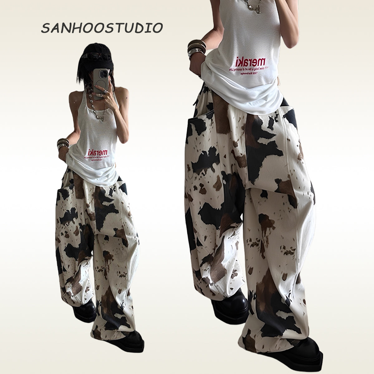 The Sanhoostudio cow print jeans feature a soft apricot colorway with wide-leg design and vintage wash. Playful yet versatile, they fuse retro charm with modern high street fashion.