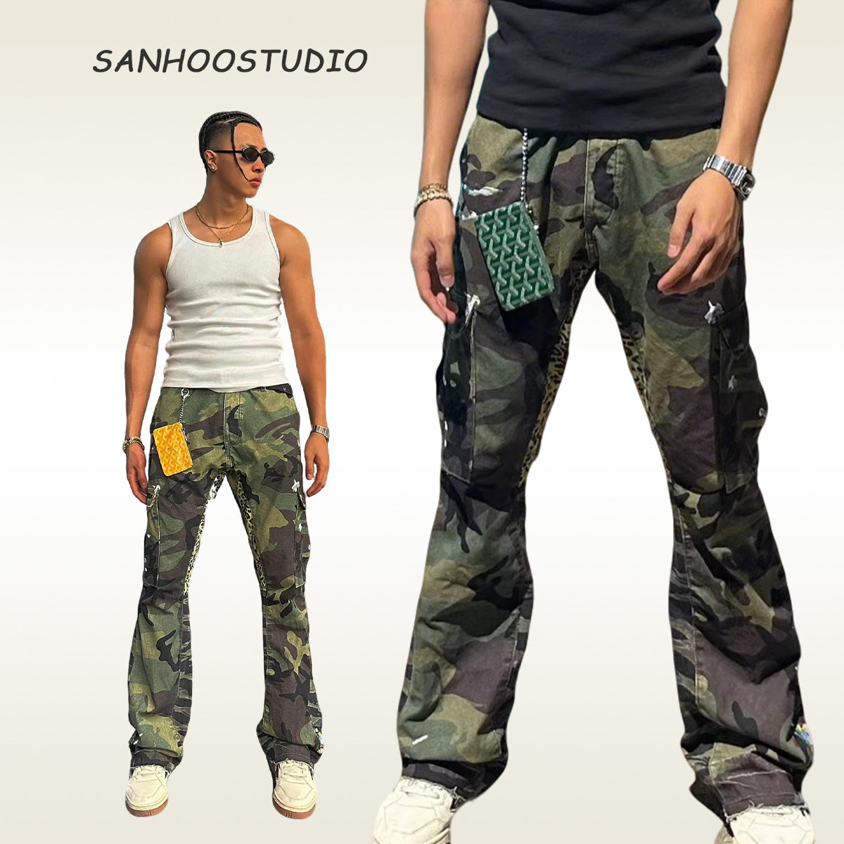 【25s Aug.】Hand-Painted Camouflage Patchwork Flared Cargo Jeans