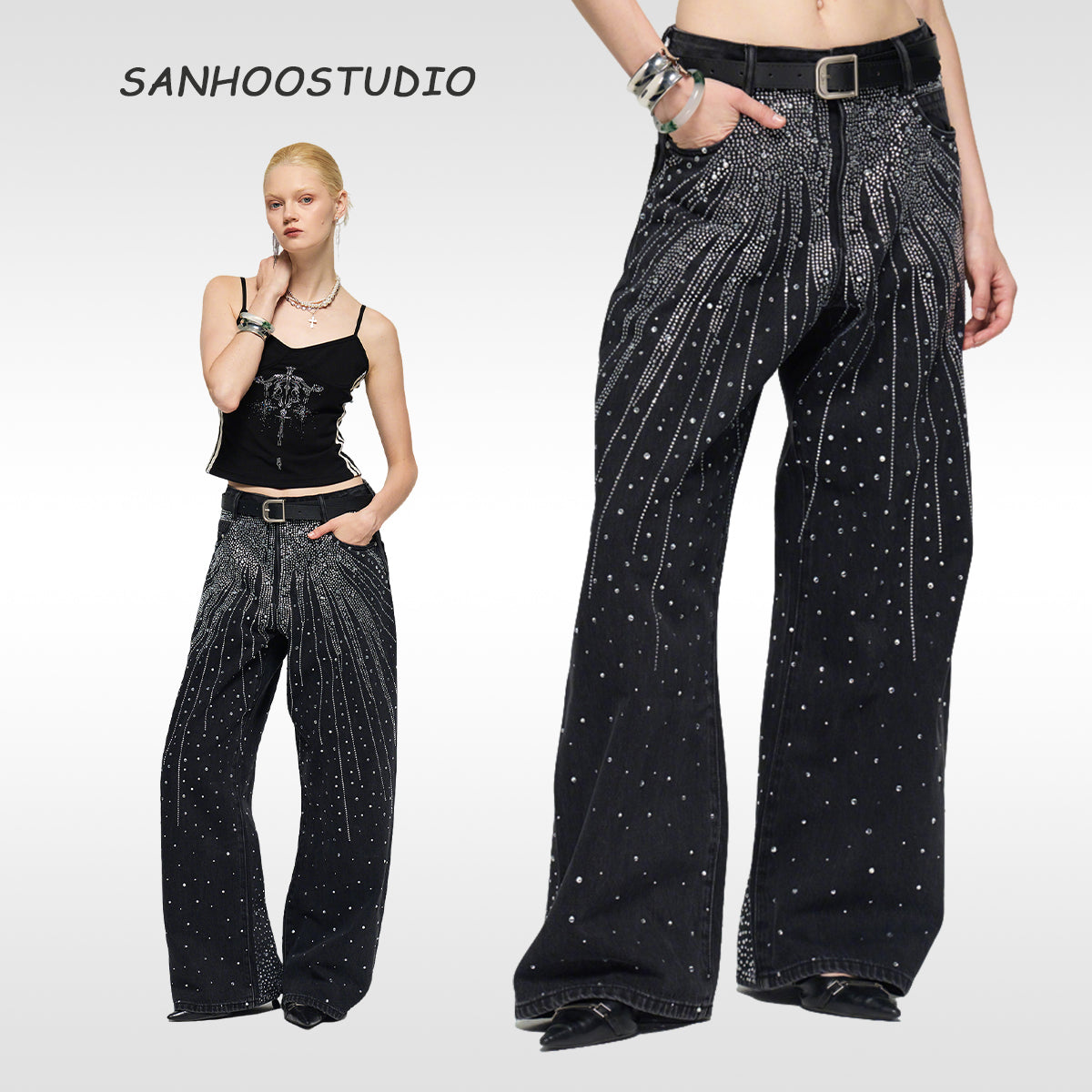 These laser rhinestone denim pants from Sanhoostudio sparkle with full-stone embellishments. Featuring a flared wide-leg silhouette, they embody futuristic glamour and bold streetwear style.