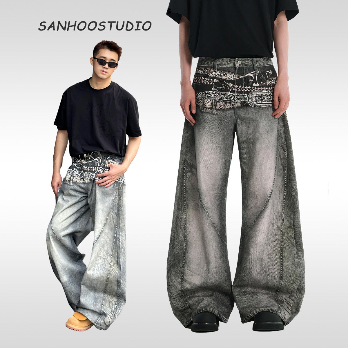 【25s Sep.】Vintage Belt Print Loose Scythe-Cut Jeans