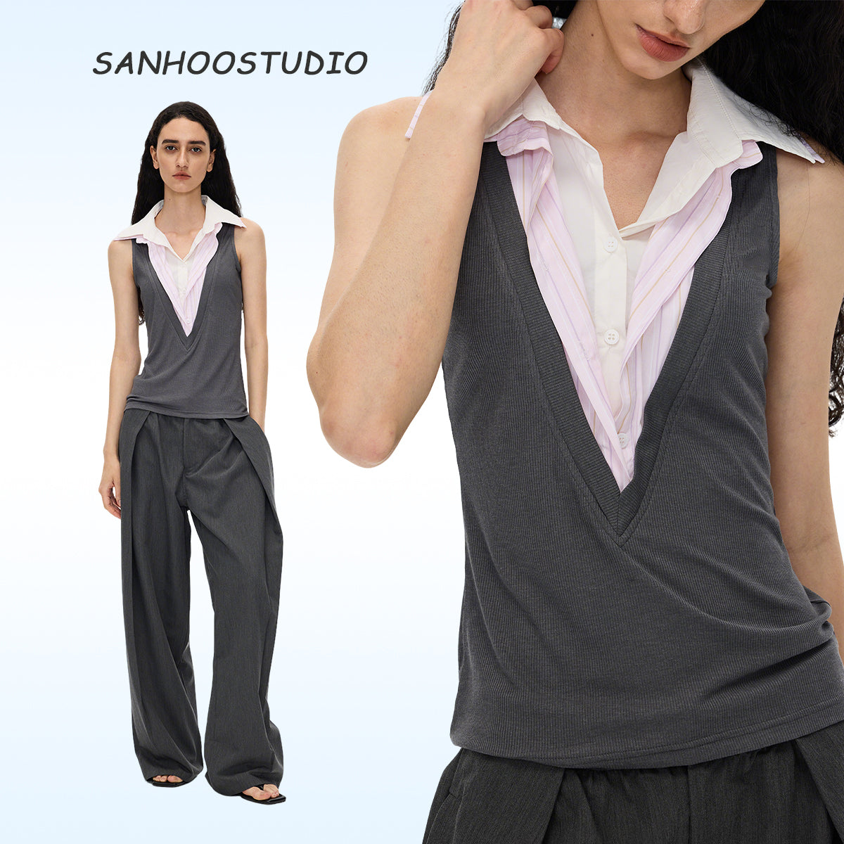 This stylish pink striped knit tank top from Sanhoostudio features a unique double-layer neckline with acetate fabric, offering a slim fit and modern streetwear vibe. Perfect for layering or standalone wear in both casual and chic outfits.