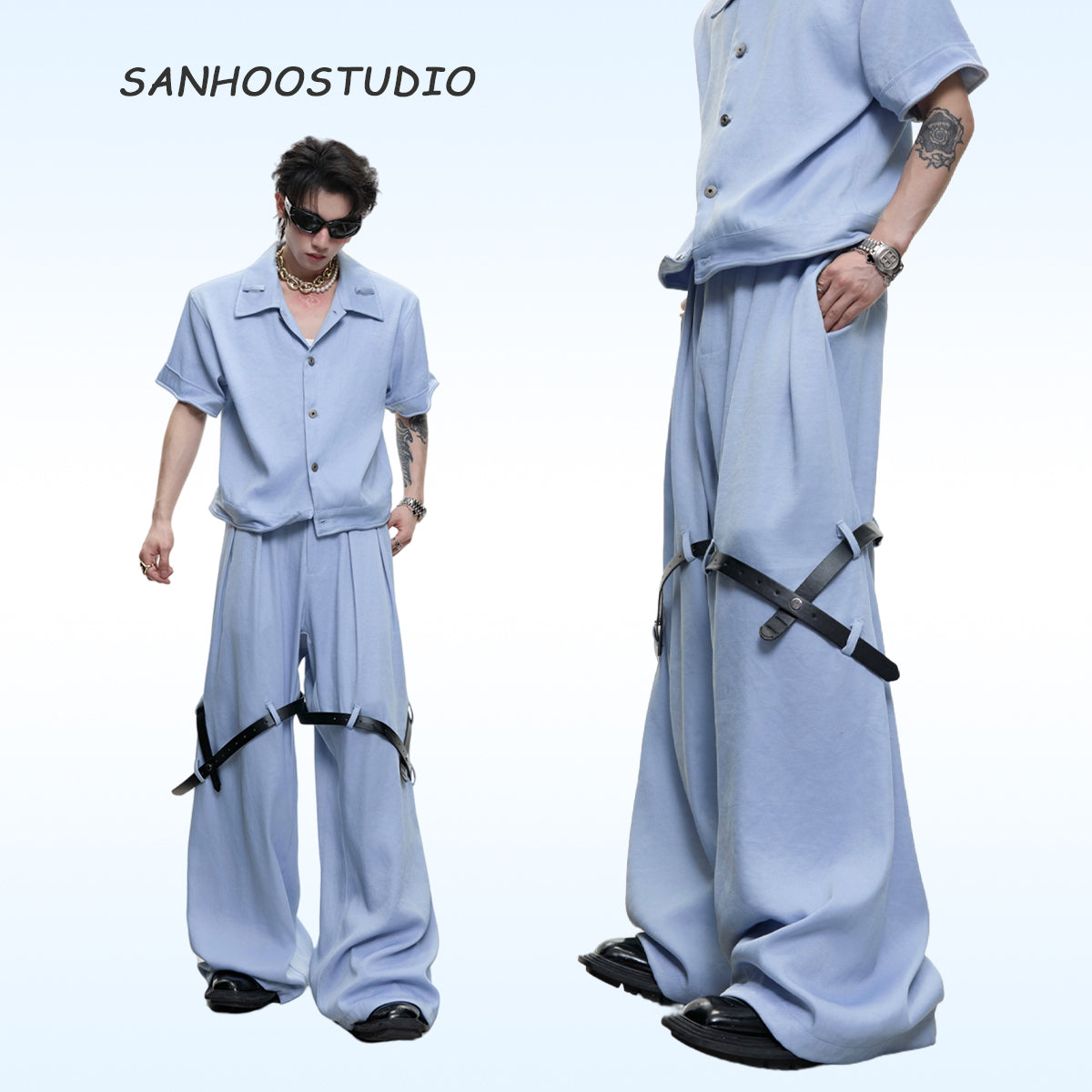 The Sanhoostudio twill textured pants showcase structured tailoring with unique belt-inspired patchwork. Combining minimalism with avant-garde detailing, they bring an elevated urban aesthetic to both casual and semi-formal styling.